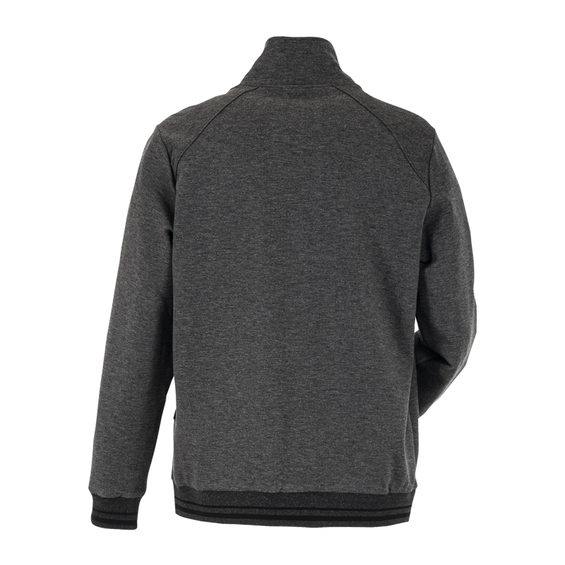 Rückansicht der Planam Outdoor Match Jacke mit Strickbündchen in grau meliert, funktionale Outdoor-Arbeitsjacke mit Stehkragen