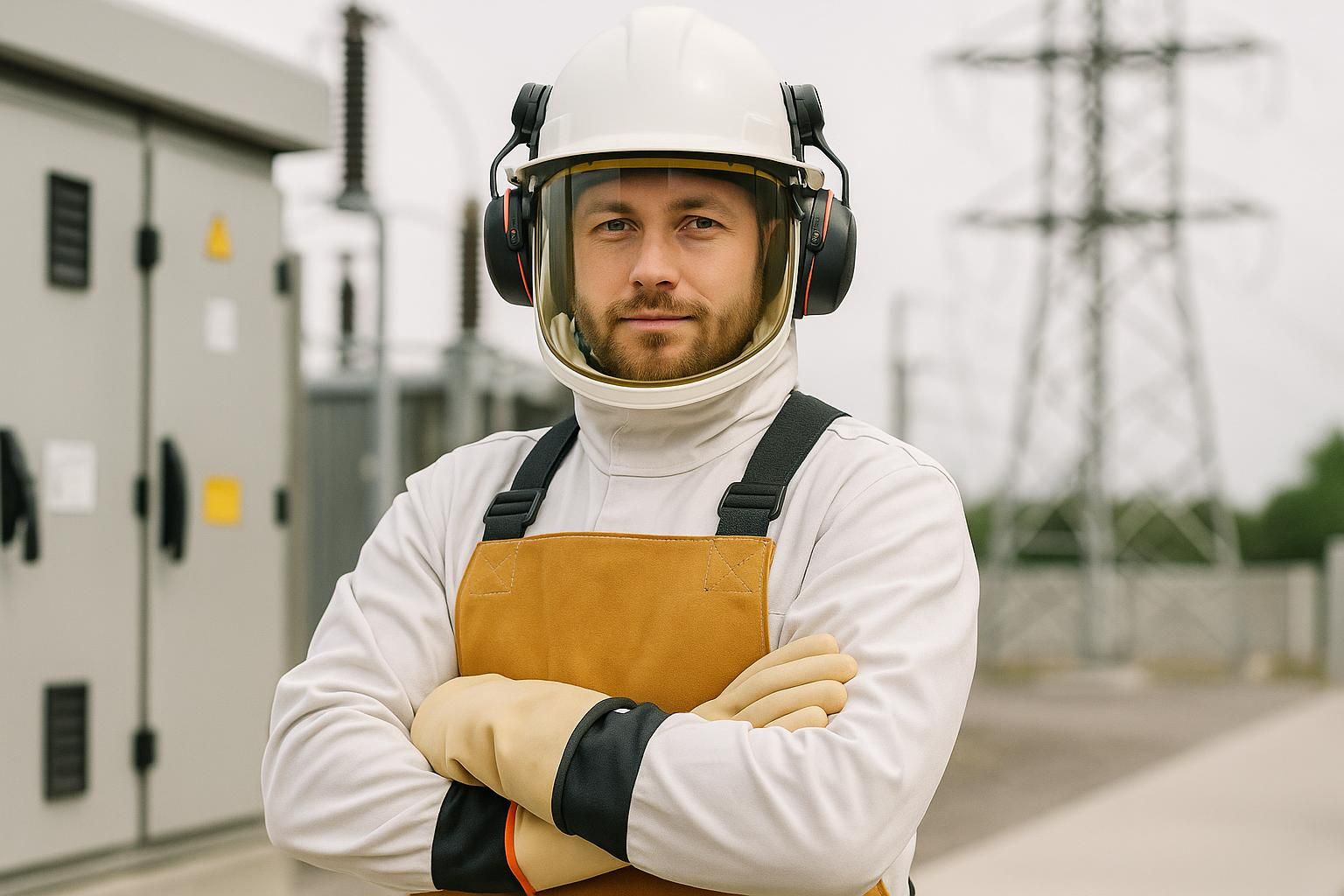 Elektriker trägt Lichtbogenschutz-Anzug mit Helm, Visier, Gehörschutz und isolierenden Handschuhen bei Arbeiten an einer Schaltanlage im Umspannwerk