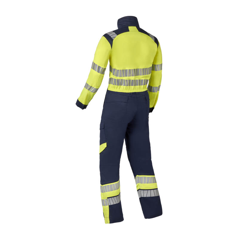 Rückansicht eines HaVeP Warnschutz-Overalls in Gelb und Marineblau mit umlaufenden Reflexstreifen an Armen, Taille und Beinen