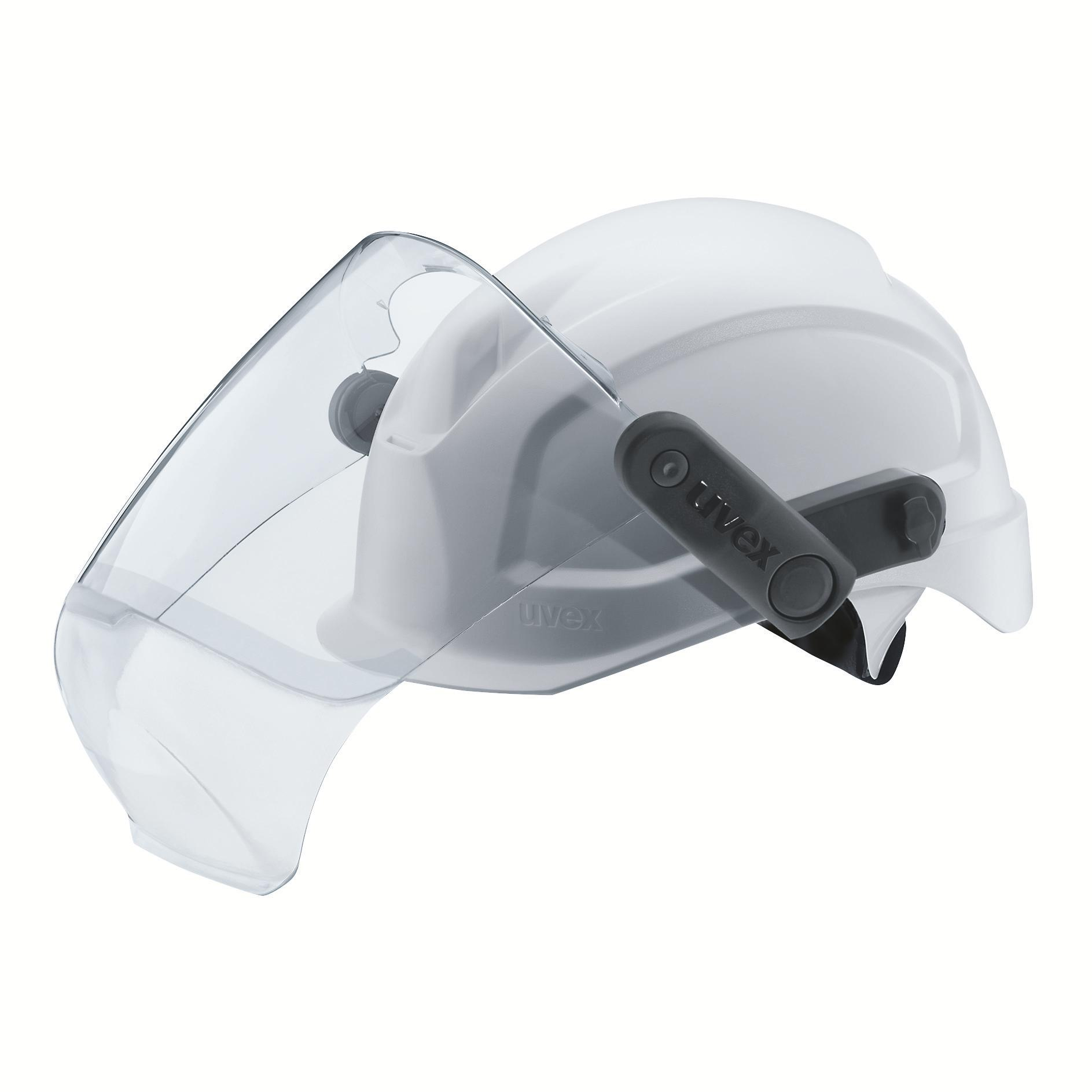 Weißer Schutzhelm mit klarem Uvex pheos Visier für Störlichtbogenschutz APC2, chemikalienfest und mit mechanischem Gesichtsschutz.