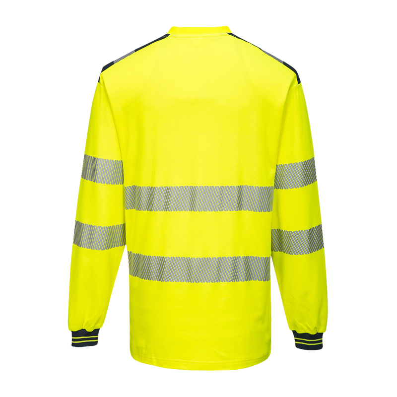 Rückenansicht eines gelben PortWest Warnschutz-Langarmshirts mit umlaufenden Reflexstreifen an Oberkörper und Ärmeln
