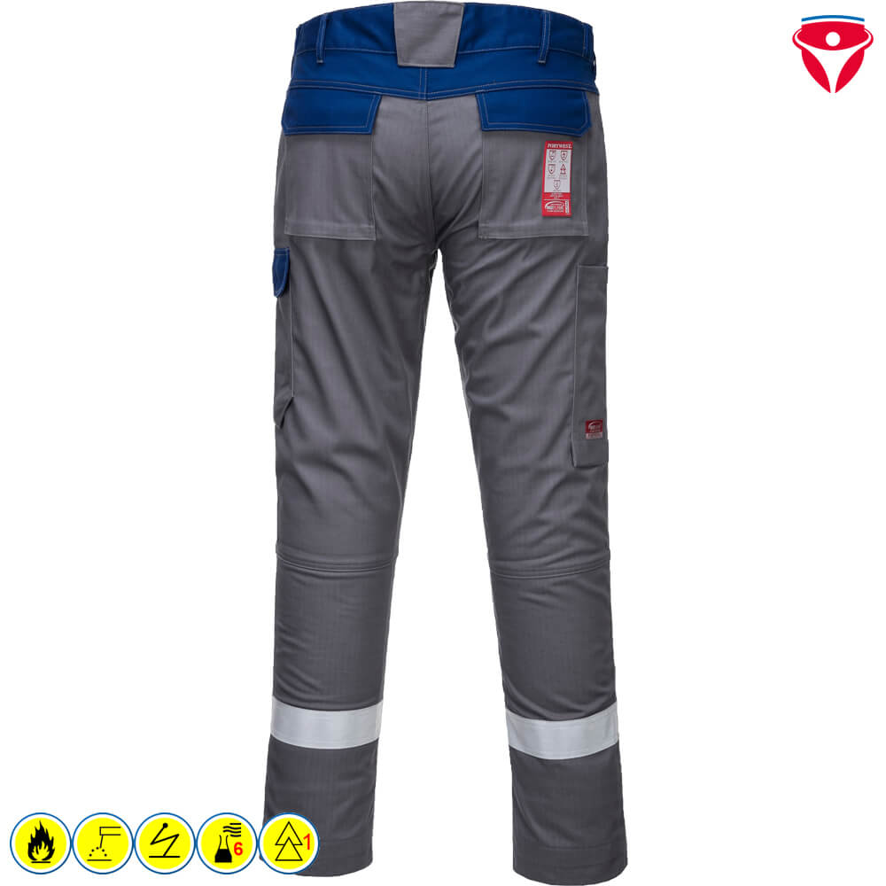 Rückansicht der PortWest FR06 MultiNorm Ultra Hose, industriewäschegeeignete Arbeitshose in Grau-Blau mit Gesäßtaschen und Reflexstreifen am Bein