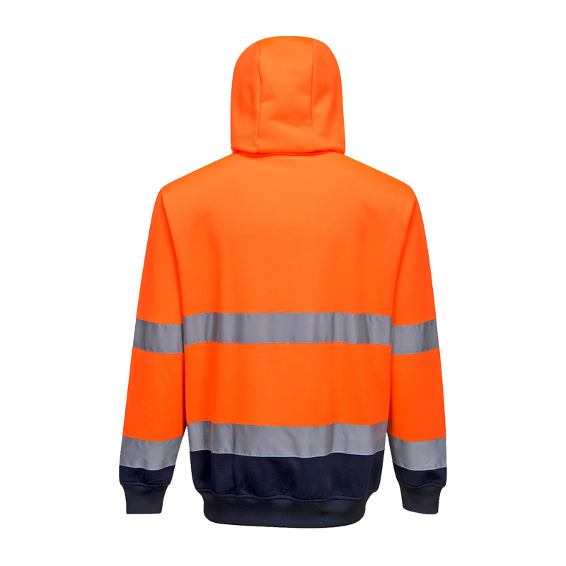 Rückansicht eines PortWest Warnschutz-Kapuzenpullovers in Orange und Navy mit Kapuze und umlaufenden Reflexstreifen an Rumpf und Ärmeln