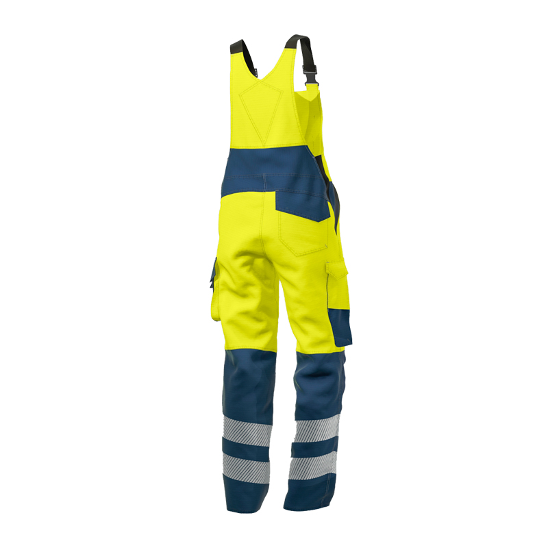 Rückansicht der BP 2237 Hi-Vis MultiNorm Latzhose leicht 4 kA + 7kA | APC2 von BP Bierbaum Proenen in Gelb/Marine mit Reflexstreifen