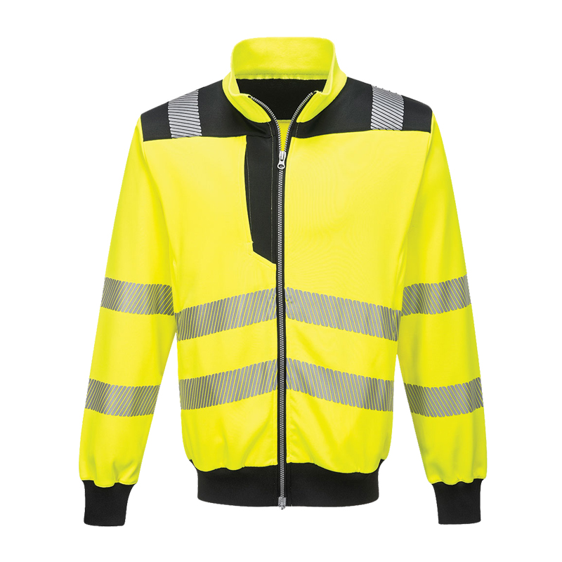 PortWest Warnschutzjacke in leuchtendem Gelb mit schwarzen Kontrasten, durchgehendem Reißverschluss und reflektierenden Streifen an Brust, Schultern und Ärmeln