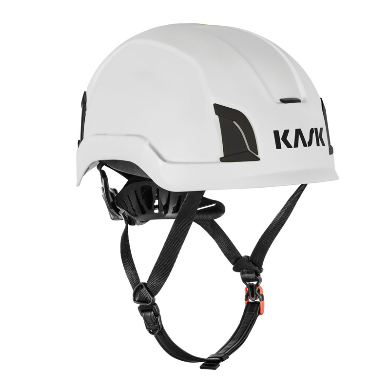 Weißer Kask Zenith X MAX Industriehelm für große Köpfe bis 66 cm mit Kinnriemen und Größenverstellung, freigestellte Seitenansicht