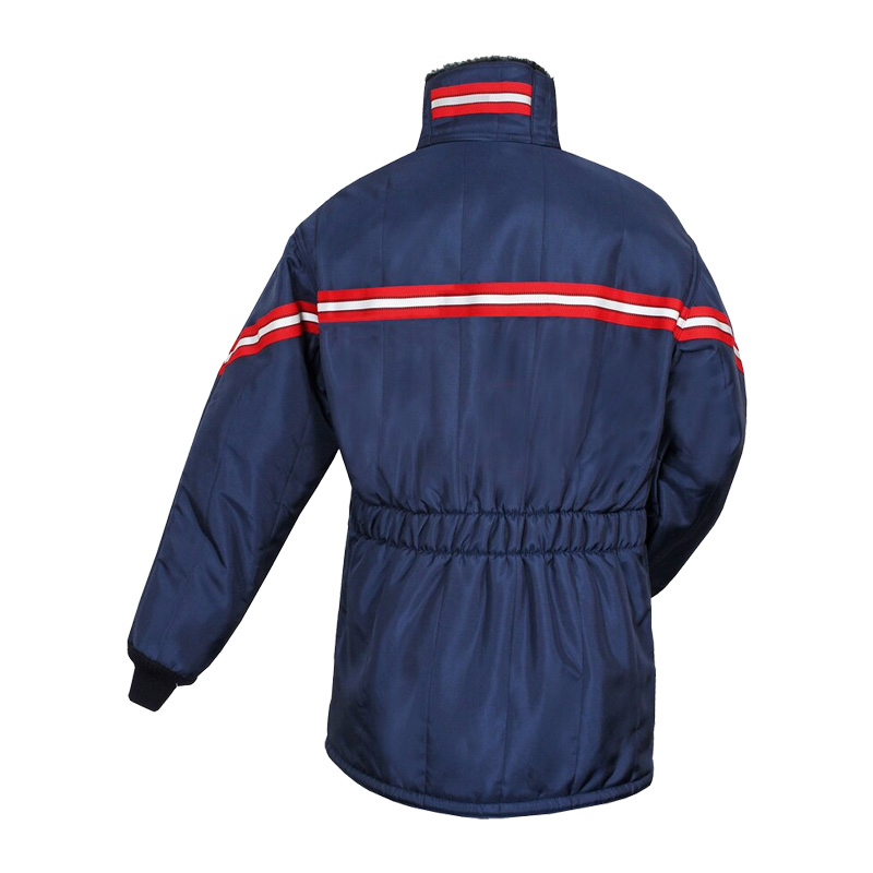 Rückenansicht der TEMPEX CLASSIC Staplerfahrer Plus Gefrierhaus Jacke von HB Protective Wear, marineblau mit roten Reflexstreifen, für Staplerfahrer und Kühlhaus-Einsätze