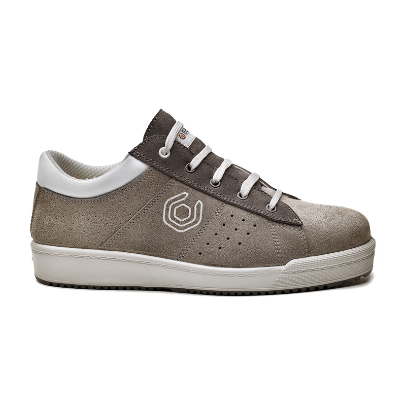 BASE Pixel S1P Sicherheitsschuhe B0251 von BASE in Sneaker-Optik, graues Wildleder mit weißer Sohle und Schnürung, Seitenansicht