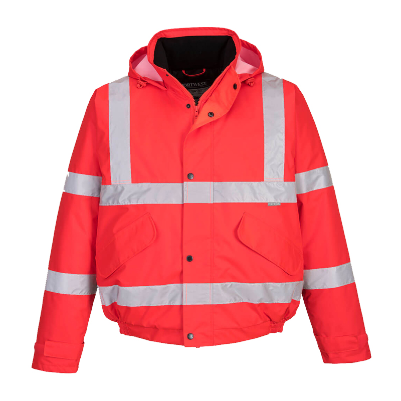 PortWest Warnschutzjacke in Rot mit silbernen Reflexstreifen, Kapuze und Fronttaschen, ideal für hohe Sichtbarkeit bei der Arbeit