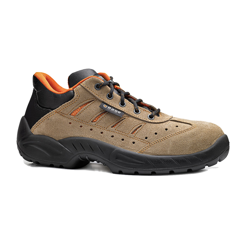 BASE Paddington S1P Sicherheitsschuhe B0165, robuster Arbeitsschuh in Beige-Schwarz mit orangefarbenen Details und rutschfester schwarzer Sohle
