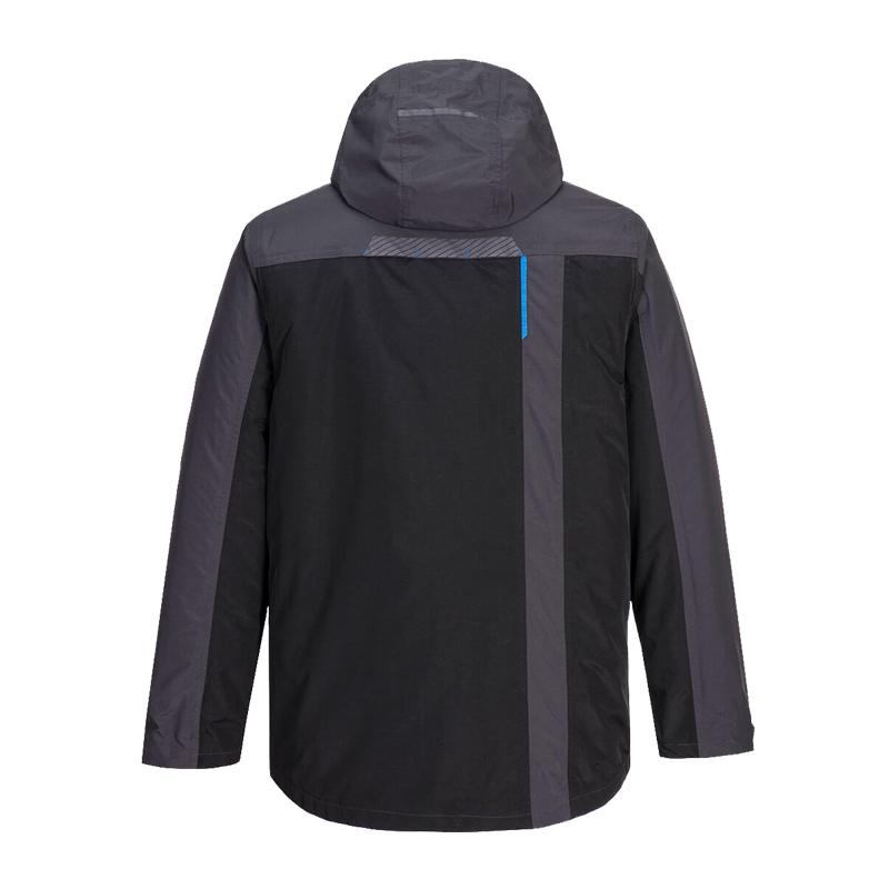 Rückansicht einer PortWest Jacke mit Kapuze in Schwarz und Grau mit kontrastierenden Einsätzen