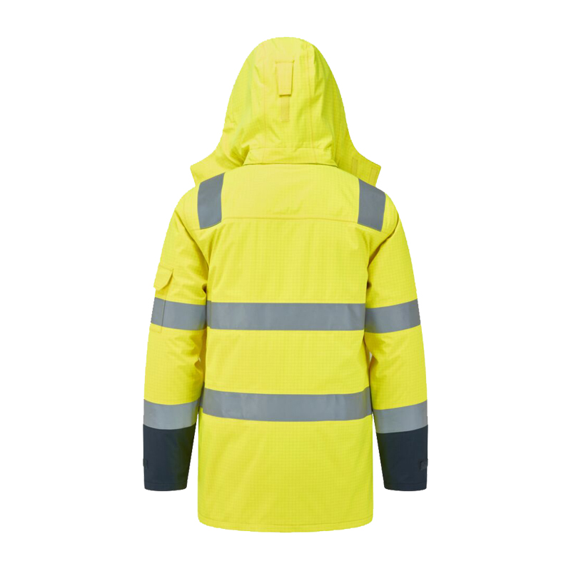 Rückansicht einer gelben PortWest Warnschutzjacke mit Kapuze und silbernen Reflexstreifen, ideal für sichere Arbeitskleidung
