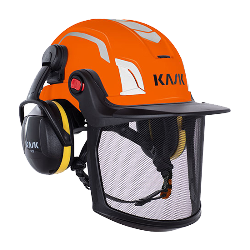 Kask ZENITH-X COMBO Industriehelm EN 397 + EN 50365 in Orange mit angebautem Gehörschutz und Mesh-Visier