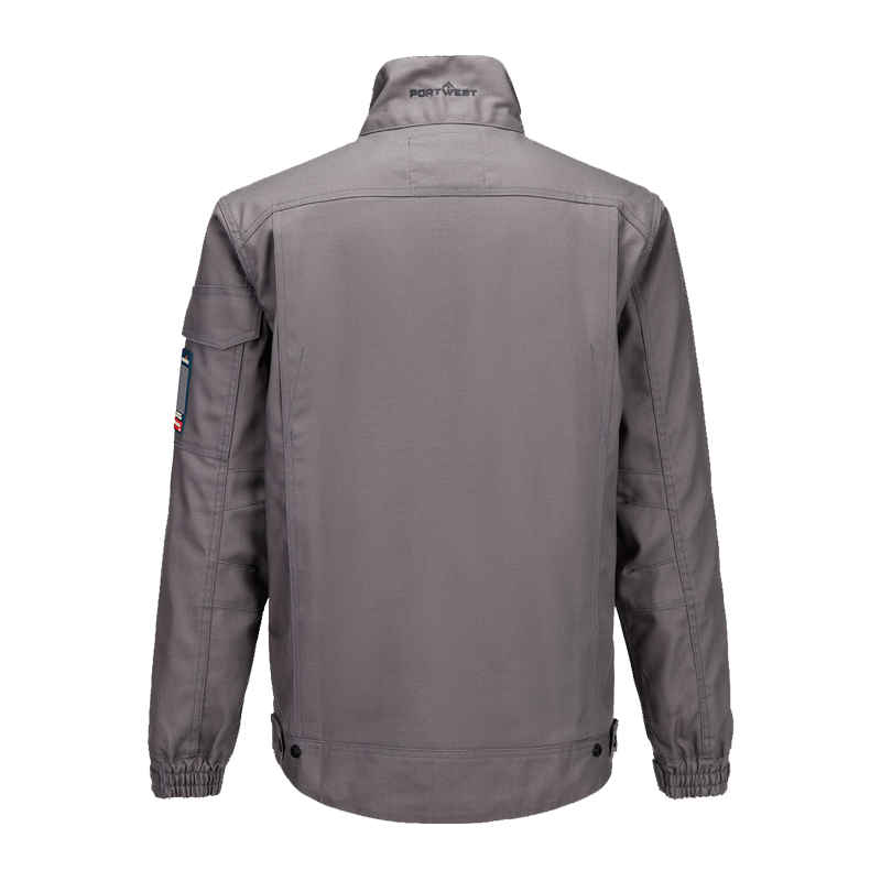 Rückansicht einer grauen PortWest Arbeitsjacke mit Stehkragen, langen Ärmeln und elastischen Bündchen