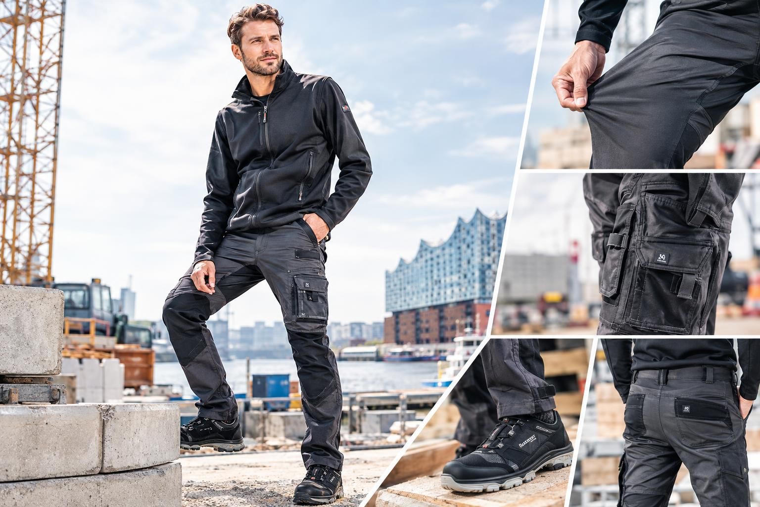 Mann auf der Baustelle mit schwarzer Softshell-Arbeitsjacke, grauer Stretch-Arbeitshose mit Cargotaschen und Sicherheitsschuhen; Detailansichten von Stoffdehnung, Taschen und Passform
