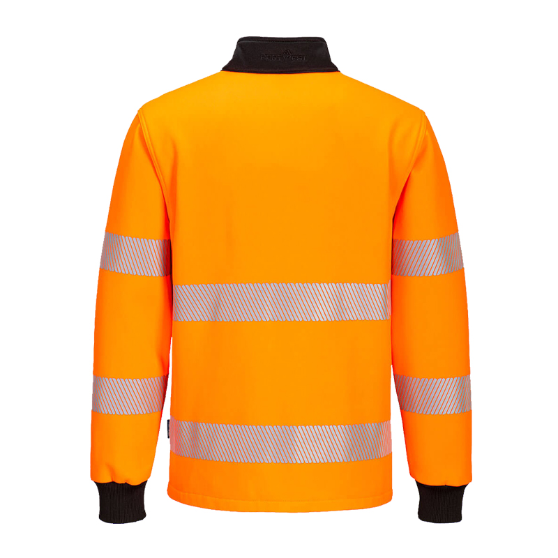 Rückansicht eines orangefarbenen PortWest Warnschutz-Sweatshirts mit langen Ärmeln, schwarzem Kragen und Reflexstreifen für hohe Sichtbarkeit