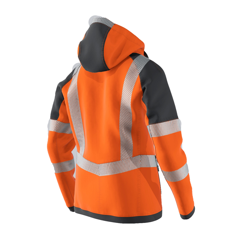 Rückansicht der BP 2034 Warnschutz Stretch Softshell Jacke mit Kapuze von BP Bierbaum Proenen in Orange mit Reflexstreifen