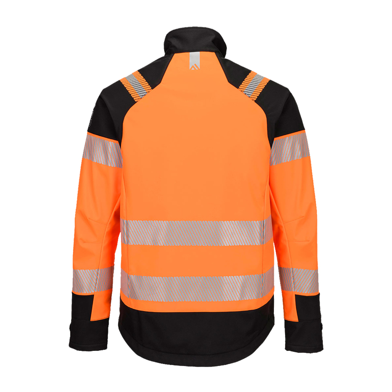Rückansicht einer PortWest Warnschutzjacke in Orange-Schwarz mit reflektierenden Streifen an Rücken, Schultern und Ärmeln