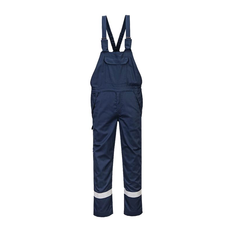 PortWest Arbeitslatzhose in Navyblau mit Brusttasche, elastischen Trägern und reflektierenden Streifen an den Beinen