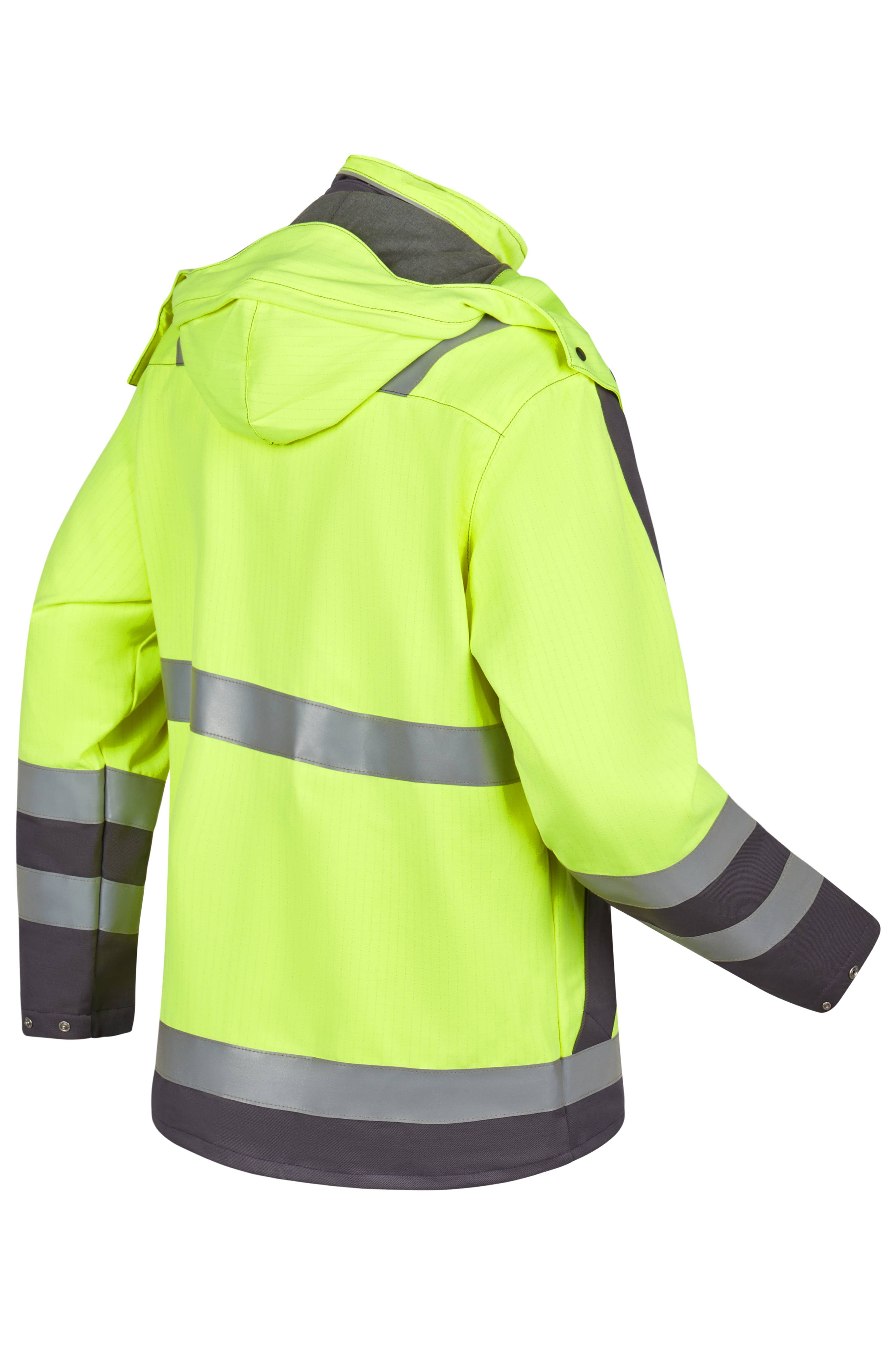 Rofa Warnschutzjacke in Neongelb mit Kapuze und Reflexstreifen, Rückansicht, robuste Arbeitsjacke für hohe Sichtbarkeit