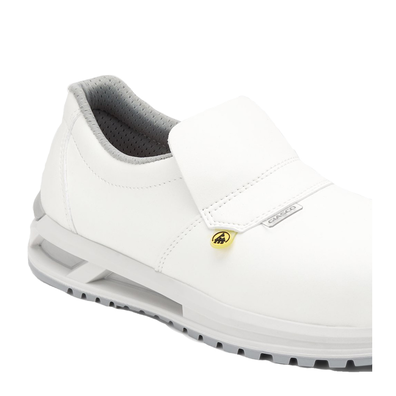 Weißer Giasco 3Hybrid ESD Ustica Hygiene-Sicherheitsschuh S2 mit Klettlasche, metallfreiem MICROWASH-Obermaterial und stark dämpfender 3HYBRID-PU-Sohle