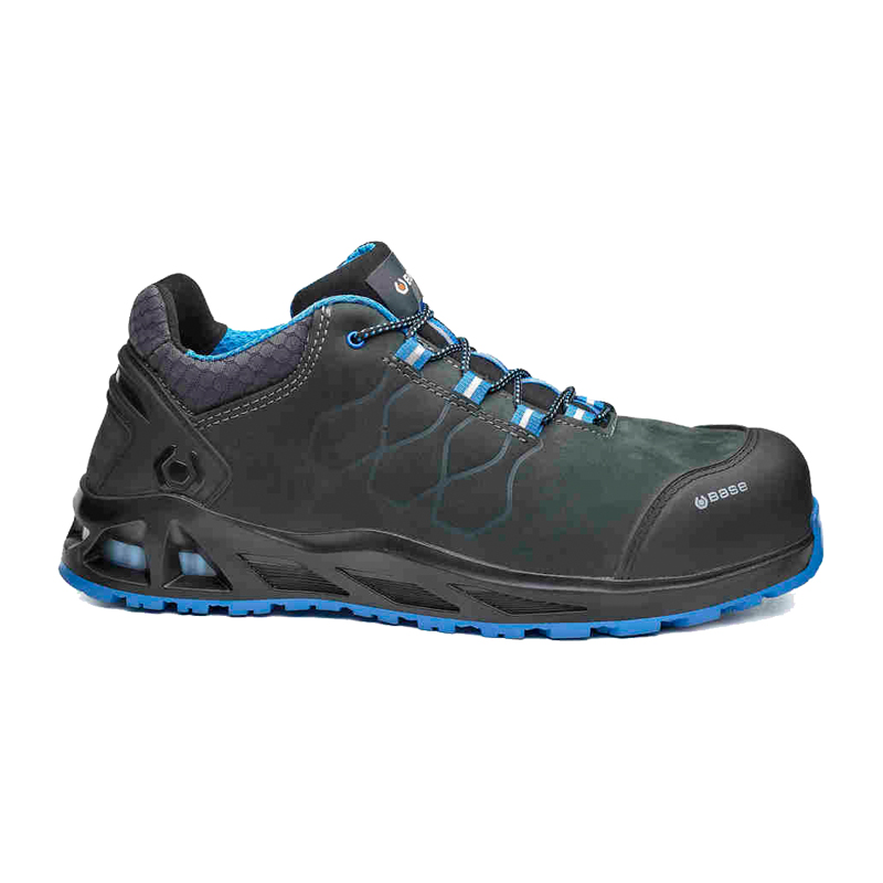 BASE K-Road S3S HRO B1000B Sicherheitsschuh von BASE, schwarz-blau, Seitenansicht mit robuster Schutzkappe und rutschhemmender Sohle