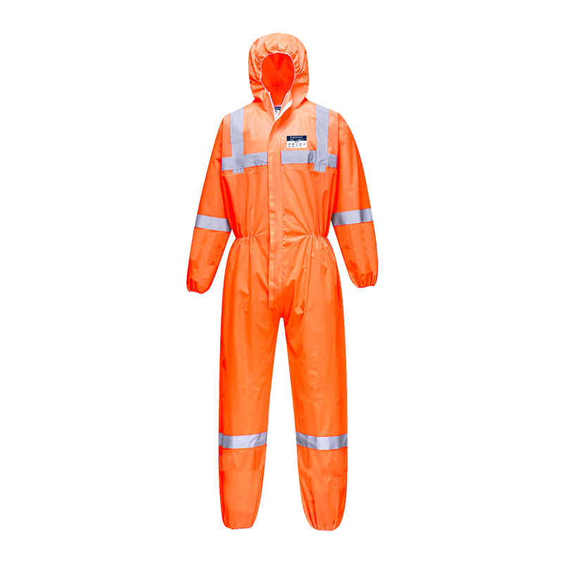 PortWest Warnschutz-Overall in leuchtendem Orange mit Kapuze, langen Ärmeln und umlaufenden Reflexstreifen für hohe Sichtbarkeit bei der Arbeit