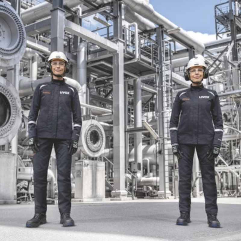Zwei Frauen in Schutzkleidung im Industrieumfeld tragen die Uvex suXXeed Arc Damen MultiNorm Hose 4 kA + 7 kA APC2 von Uvex.