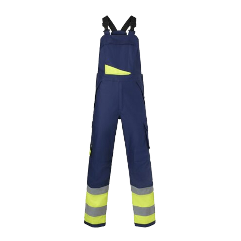 HydroWear Warnschutz-Latzhose in Marineblau mit neongelben Einsätzen und Reflexstreifen, robuste Arbeitskleidung für hohe Sichtbarkeit