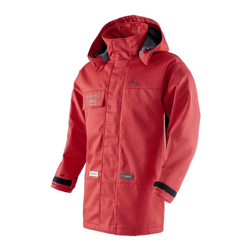 BSD rote Outdoorjacke mit Kapuze, lange wetterfeste Jacke für Arbeit und Freizeit mit hohem Kragen und Klettverschluss an den Ärmeln