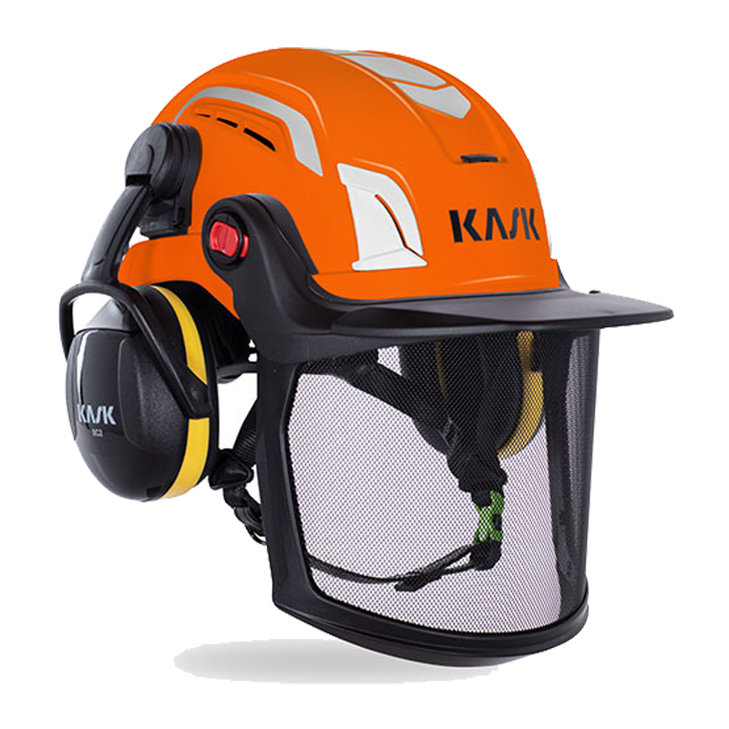 Oranger Kask ZENITH-X PL COMBO Kletterhelm EN 12492 mit integriertem Gehörschutz und Mesh-Visier, freigestellt