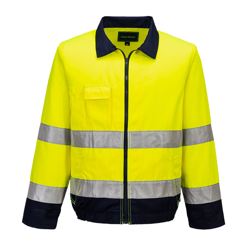 PortWest Warnschutzjacke in leuchtendem Gelb mit silbernen Reflexstreifen, Reißverschluss, Brusttasche und dunkelblauen Details