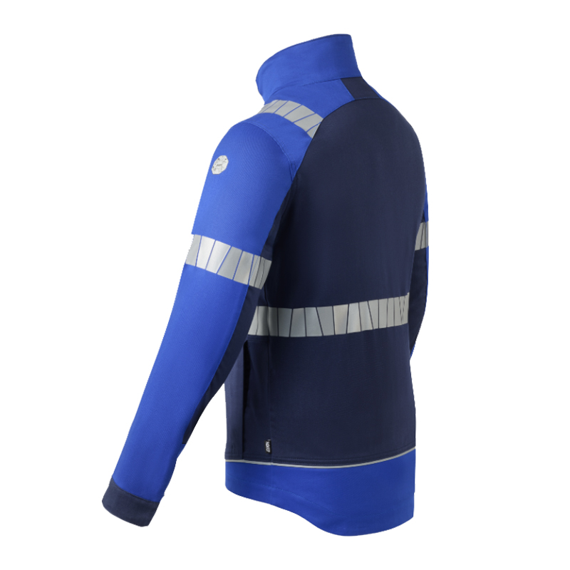 Rückenansicht einer HaVeP Arbeitsjacke in Blau und Marineblau mit hohem Kragen und umlaufenden Reflexstreifen an Schultern, Ärmeln und Rücken
