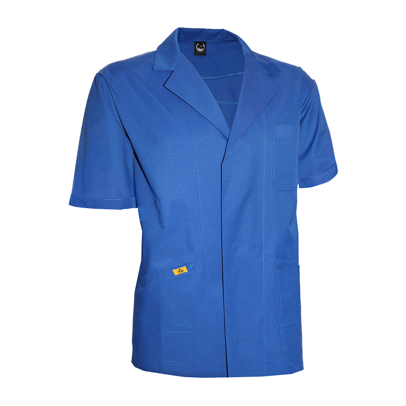 Blaue Mimoza ESD Jacke kurzarm für Produktschutz in EPA-Bereichen, ableitfähig 10⁵ bis 10⁸ Ohm, nach EN 61340