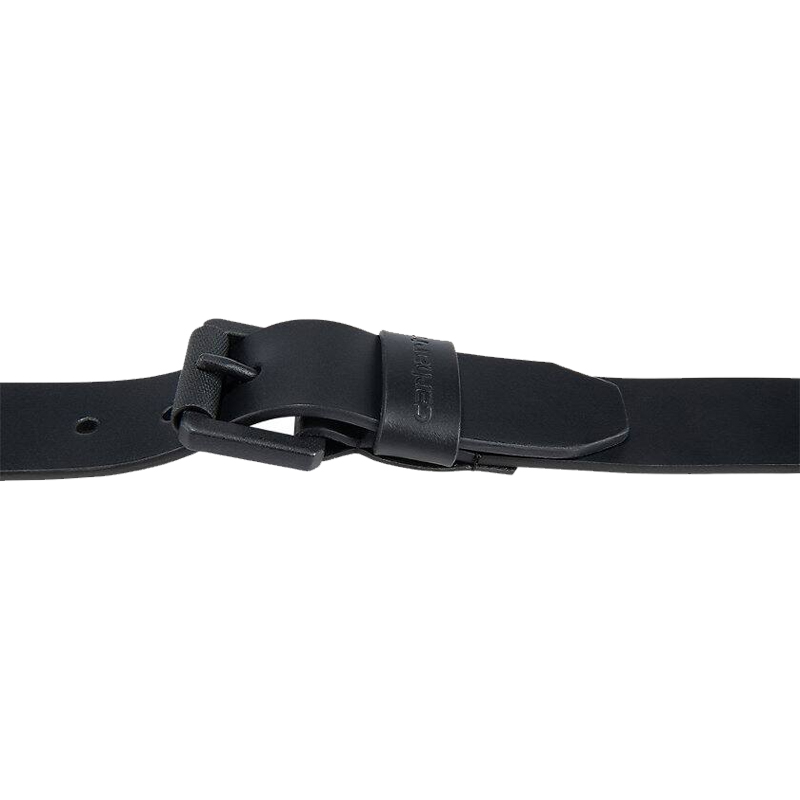 Schwarzer Carhartt Leder Gürtel mit Rollschnalle aus robustem Zaumzeugleder, Detailansicht der Schnalle und Gürtelschlaufe