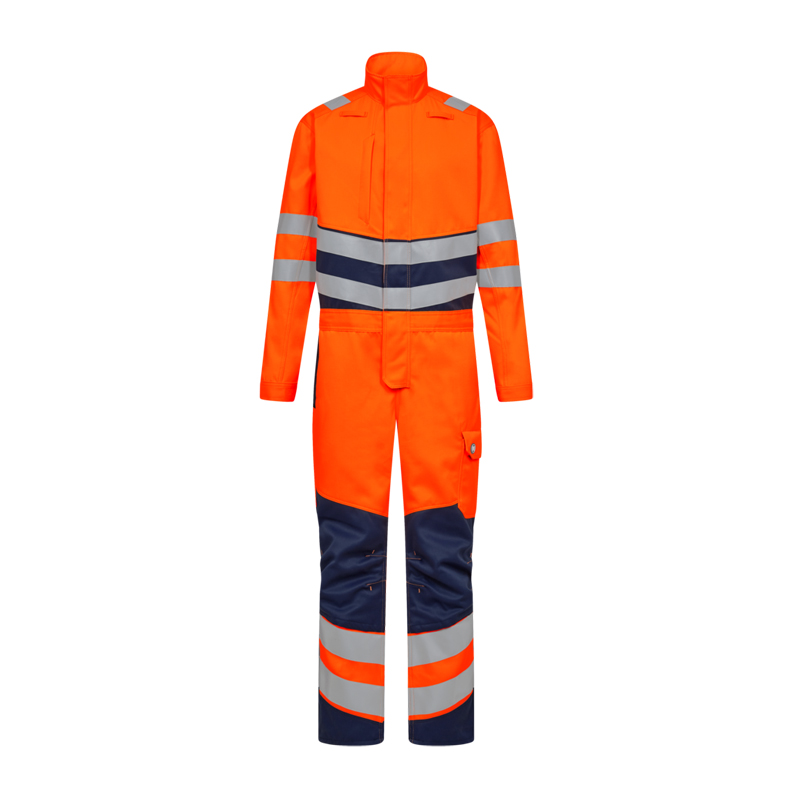 Engel Warnschutz-Overall in leuchtendem Orange und Marineblau mit umlaufenden Reflexstreifen, langarmiger Arbeitsanzug für hohe Sichtbarkeit