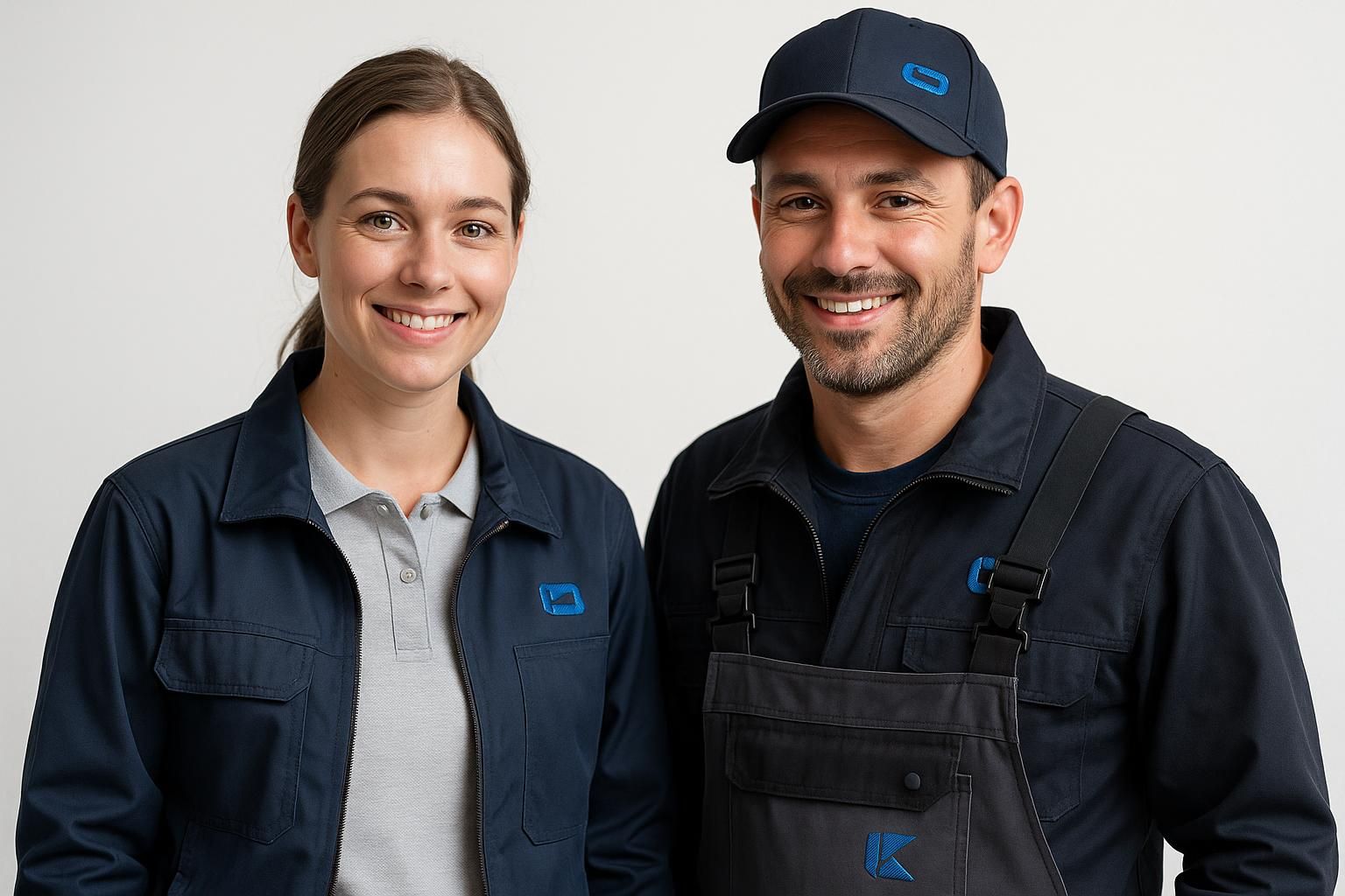 Zwei lächelnde Personen in moderner Arbeitskleidung: navyfarbene Jacke, Latzhose und Cap im professionellen Teamlook