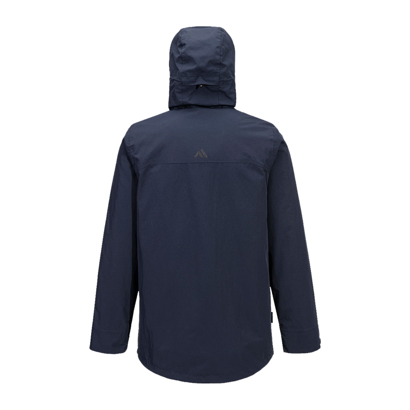 Rückansicht einer dunkelblauen PortWest Jacke mit Kapuze, funktionale Outdoor- und Arbeitsjacke