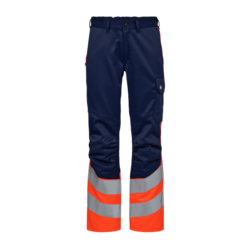 Engel Warnschutzhose in Dunkelblau mit fluoreszierend orangefarbenen Beinabschlüssen, breiten Reflexstreifen und praktischer Seitentasche