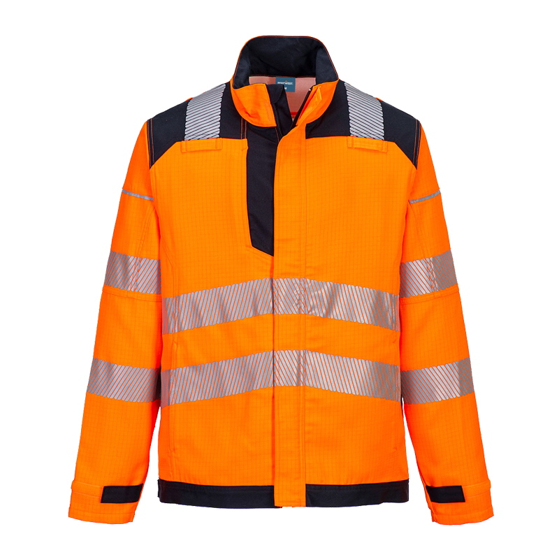 PortWest Warnschutzjacke in leuchtendem Orange mit silbernen Reflexstreifen und dunklen Kontrasteinsätzen, Frontansicht