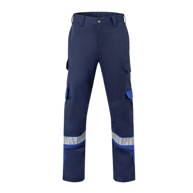 HaVeP Arbeitshose in Dunkelblau mit blauen Kontrastdetails, Seitentaschen und reflektierenden Streifen an den Beinen