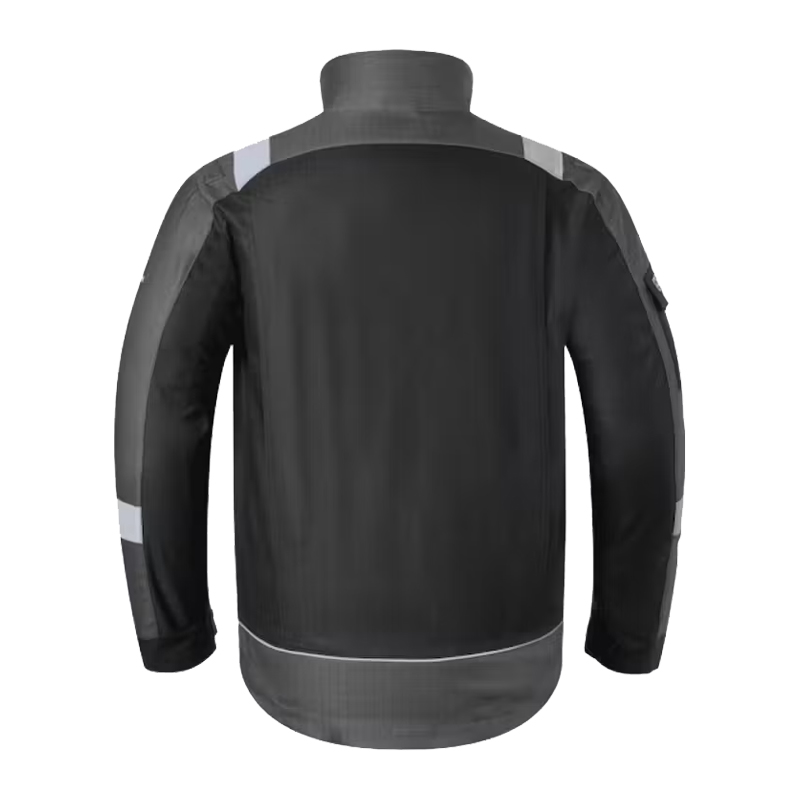 Rückansicht einer schwarzen Arbeitsjacke mit grauen Einsätzen an Schultern und Ärmeln sowie Reflexdetails für Beruf und Handwerk