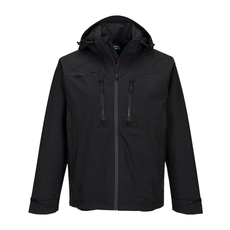 PortWest Arbeitsjacke in Schwarz mit Kapuze, Frontreißverschluss und zwei Brusttaschen mit Reißverschluss