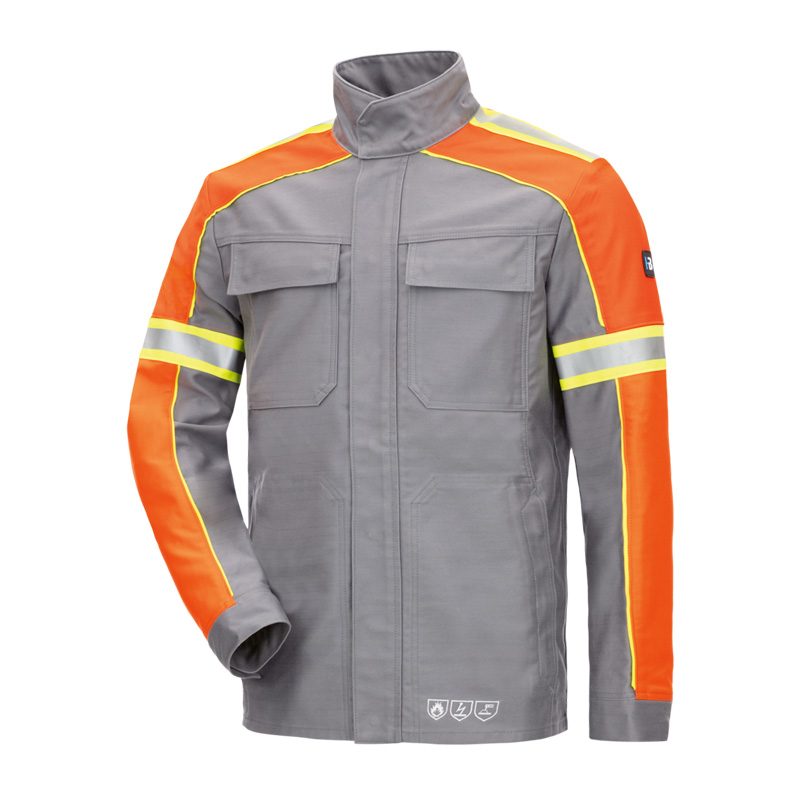 HB Iron Pro Gießerei Jacke gegen Eisenspritzer E3 von HB Protective Wear, graue Schutzjacke mit orangefarbenen Ärmeln, hohem Kragen und Reflexstreifen für Gießerei-Arbeiten