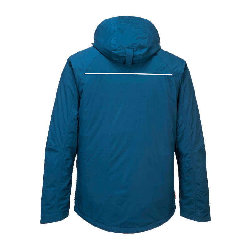 Rückansicht einer blauen PortWest Jacke mit Kapuze und reflektierendem Streifen im Schulterbereich