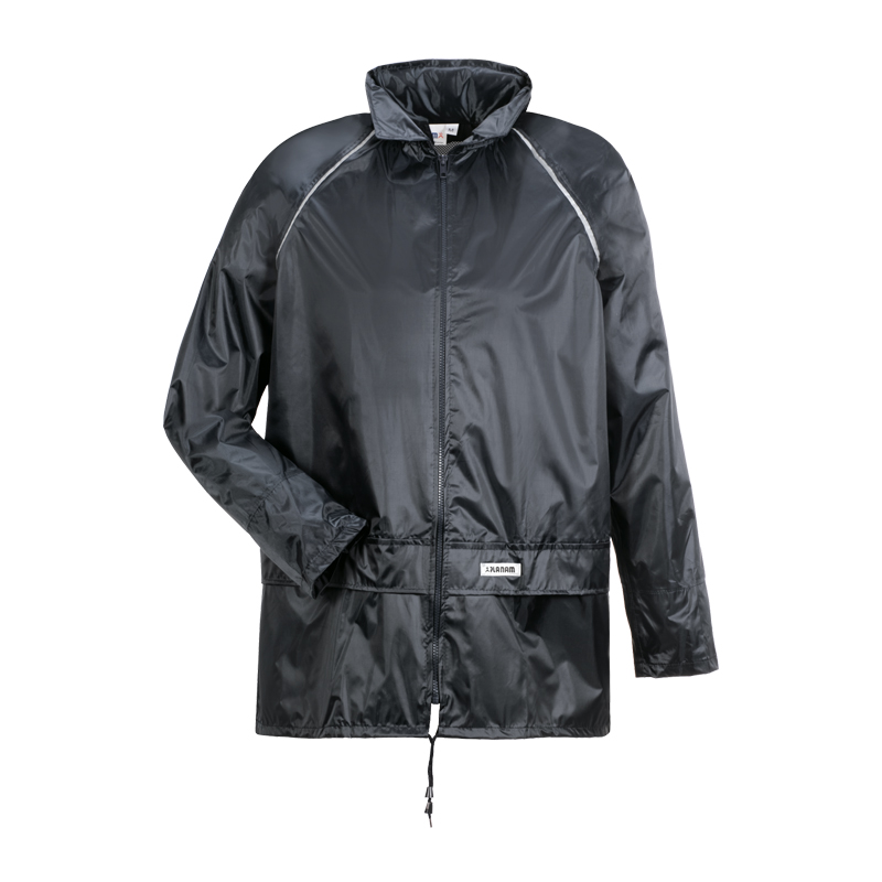 Schwarze Planam Outdoor Aqua Regenjacke aus dem wasserdichten Regenjacke-und-Hose-Set mit PU-Beschichtung und Frontreißverschluss