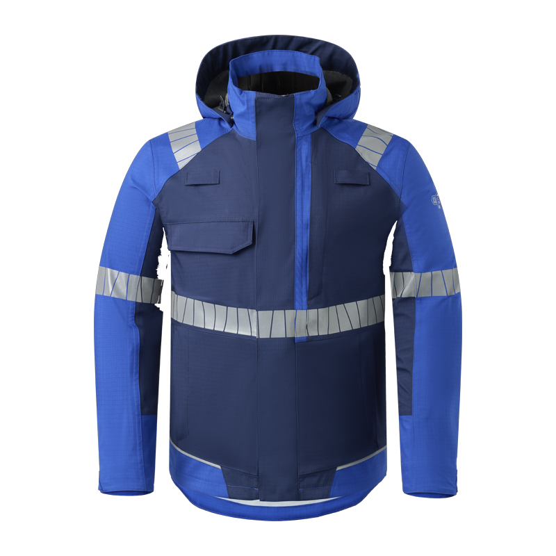 HaVeP Arbeitsjacke mit Kapuze in Blau und Marineblau, mit durchgehenden Reflexstreifen an Schultern, Armen und Taille, ideal als robuste Warnschutz-Arbeitskleidung