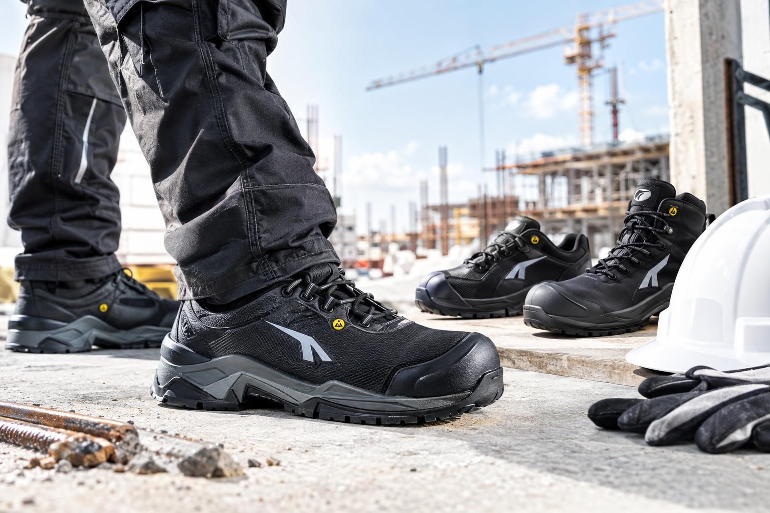 Arbeitsschuhe und Sicherheitsstiefel in Schwarz auf einer Baustelle, getragen und präsentiert neben Schutzhelm und Handschuhen