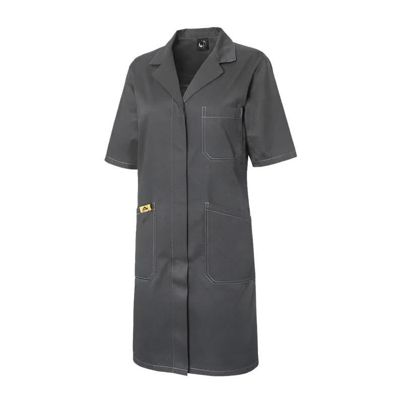 Grauer kurzärmeliger ESD Damen Mantel von Mimoza mit Taschen, ableitfähig 10⁵ bis 10⁷ Ohm nach EN 61340