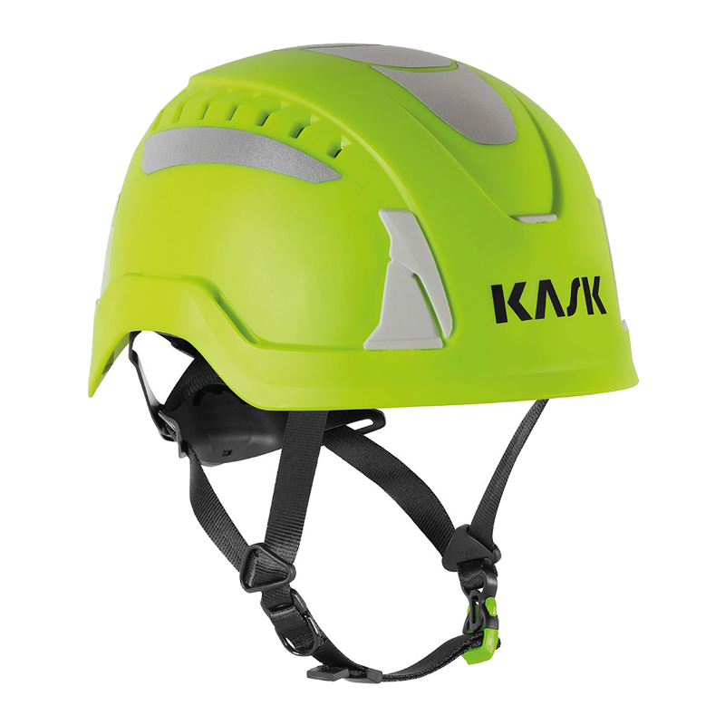 Kask PRIMERO PL HI VIZ Kletterhelm EN 397 + EN 12492, hochsichtbarer Schutzhelm in Neon-Gelb mit reflektierenden Details und Kinnriemen